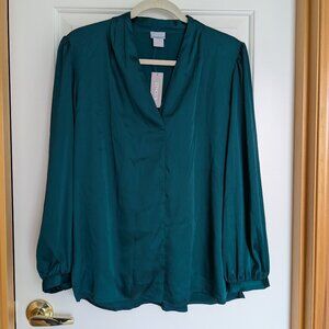 NWT Chico's Green Pleated V Neck Blouse Satin Popover Top